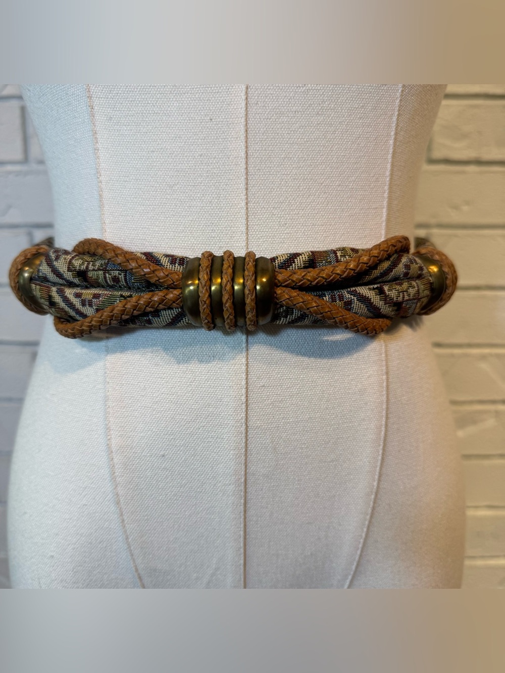 Vintage Tapestry Woven Leather and Fabric Belt with Brass Accents Womens S/M
